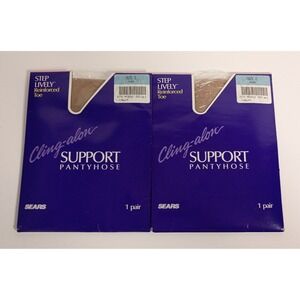 Sears Cling-alon Reinforced Toe Pantyhose Size E Nude Vintage USA 2 Pair NEW
